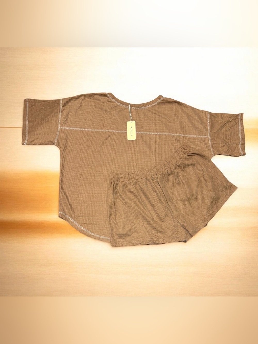 Ekouaer Waffle Knit Lounge Set 2 Piece Oversized V-Neck Top & Shorts Brown NWT - Picture 5 of 7